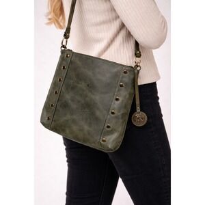 Tommy Bahama Olive Green Distressed Genuine Leather Studded Crossbody Bag